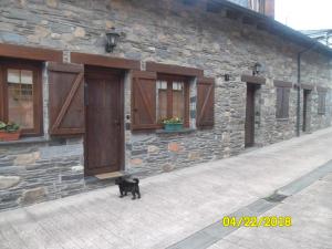 un gato negro parado frente a un edificio de piedra en Casa los Ancares, en Vega de Espinareda