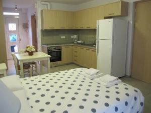 a kitchen with a white refrigerator and a table at Muses Studios Sami in Sami