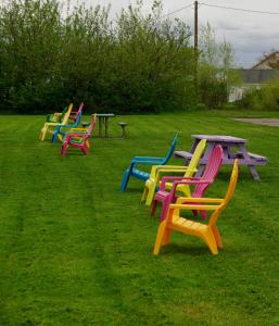 a row of colorful chairs sitting in the grass at Tidal Bore Inn in Truro