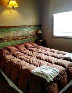 ein großes Bett in einem Schlafzimmer mit Fenster in der Unterkunft Bariloche Hostel in San Carlos de Bariloche