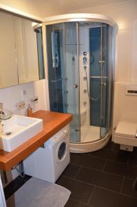 W łazience znajduje się prysznic, umywalka i pralka. w obiekcie Apartment Kendlbacher w mieście Zell am See
