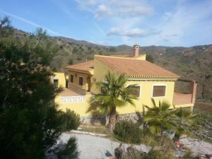 a yellow house with a palm tree in front of it at Cortijo Rural Los Gonzalez in Rincón de la Victoria
