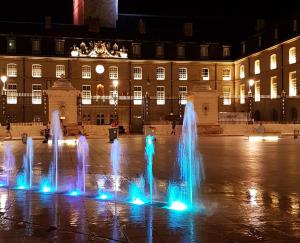 um grupo de fontes de água em frente a um edifício em Hôtel Montchapet Dijon Centre em Dijon