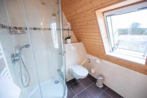 a bathroom with a shower and a toilet and a window at Ferienwohnungen Hofmann in Zingst +66 photos