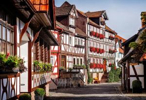 un callejón en una ciudad con edificios blancos y marrones en Romantik Hotel Schubert, en Lauterbach