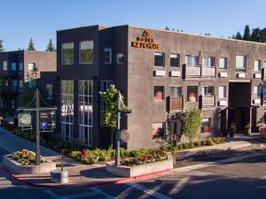 a building with a sign on the side of it at Hotel Ketchum in Ketchum