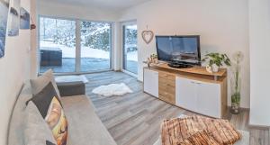 a living room with a couch and a tv on a counter at Ferienwohnung Colleen in Fügenberg