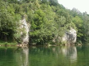 a body of water with trees and a mountain at Vacation House Spiritus Flumine in Netretić