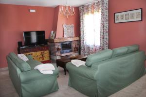 sala de estar con 2 sofás verdes y chimenea en Casa Rural El Olivar de Valdefuentes, en Valdefuentes