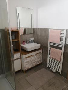 La salle de bains est pourvue d'un lavabo et d'un miroir. dans l'établissement Alpenchalet Pitztal, à Sankt Leonhard im Pitztal