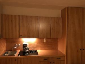 a kitchen with wooden cabinets and a sink at Kitzbühel City 2 in Kitzbühel