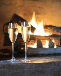 two glasses of white wine in front of a fireplace at Millton Park Estate in Invercargill +10 photos