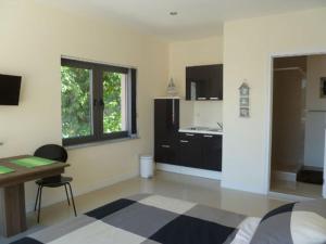a room with a bed and a desk and a kitchen at Apartments Amfora in Biograd na Moru