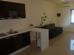 a kitchen with a counter and a couch in a room at Apartments Amfora in Biograd na Moru