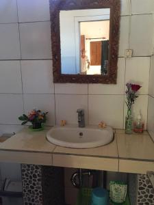 a bathroom sink with a mirror and a person taking a picture at Barclona Guesthouses Lovina in Buleleng