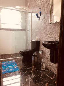 a bathroom with two toilets and a sink at Casa Cheia de Alegria e Sol in Peruíbe