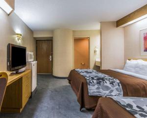 Rodeway Inn في Fremont: غرفة فندقية مع سرير وتلفزيون بشاشة مسطحة