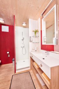 ein Badezimmer mit einem weißen Waschbecken und einer Dusche in der Unterkunft Gästehaus Aquilin in Sankt Pölten
