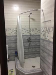 a bathroom with a shower with a glass door at Guest House Loza in Sighnaghi