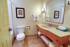 a bathroom with a toilet a sink and a mirror at Hawthorn Suites by Wyndham Minot in Minot