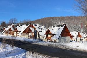 un grupo de casas con techos nevados en Domek Karpatka 2 przy wyciągu narciarskim, en Karpacz