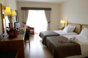 ein Hotelzimmer mit zwei Betten und einem Schreibtisch in der Unterkunft Palace Hotel & Spa - Termas de Sao Vicente in Penafiel + 42 Fotos