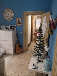 a living room with a christmas tree on a table at Sunshine Hostel Palermo in Palermo