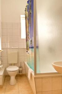 ein Bad mit einem WC, einer Dusche und einem Waschbecken in der Unterkunft Hotel Thüringer Hof in Jena