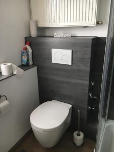 a bathroom with a white toilet and a black wall at Ferienwohnung Eport in Bendorf