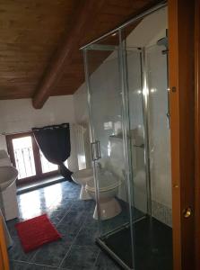 a bathroom with a glass shower and two toilets at Rouge et Noir in Saint Vincent