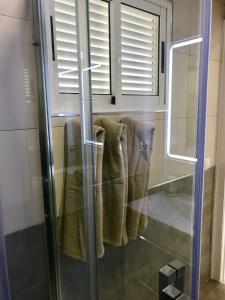 a bathroom with a glass shower with towels hanging at Virginia of the sea in Benidorm
