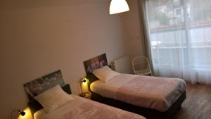 a hotel room with two beds and a window at Bambou & Olivier Chambres in Roubaix