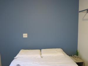 a bed in a room with a blue wall at Hospedagem Casa Paulista Tranquilidade perto da Av Paulista in São Paulo +40 photos