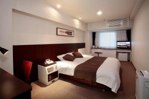 大阪市にあるホテルプラザオーサカのベッドとテレビが備わるホテルルームです。
