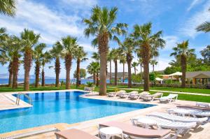 uma piscina com espreguiçadeiras e palmeiras em My Marina Select Hotel em Datça