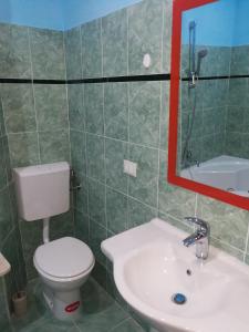 a bathroom with a toilet and a sink and a mirror at Le colline in Capena