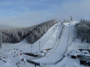 een groep mensen die skiën op een besneeuwde helling bij Ferienwohnung Bambus in Winterberg