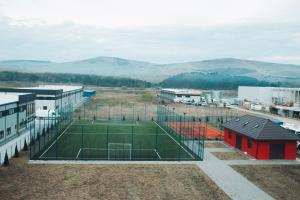 a tennis court in a field with mountains in the background at Pensiunea Maria in Gilău
