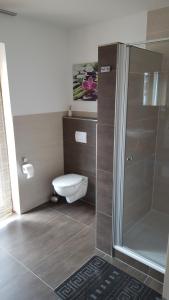 a bathroom with a toilet and a glass shower at Haus am Prekkesee in Xanten +12 photos