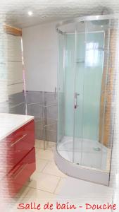 a bathroom with a shower and a red cabinet at La Maison des Oiseaux in Eu