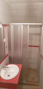 łazienka z umywalką i prysznicem w obiekcie Sofias Apartment w mieście Bad Goisern