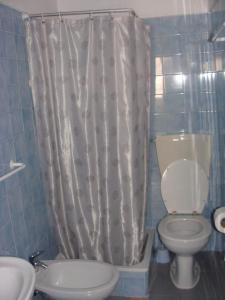 a bathroom with a toilet and a shower curtain at Aguarela Tavira in Tavira