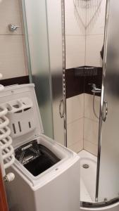 a bathroom with a shower with a sink and a toilet at Górski Apartament in Karpacz