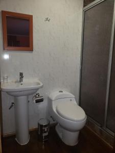 łazienka z toaletą i umywalką w obiekcie Hostal Nataly w mieście Puerto Natales