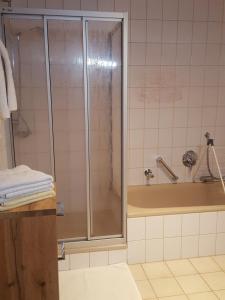 a bathroom with a shower and a tub at Ferienwohnung Lenz in Marktschellenberg