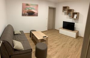 a living room with a couch and a tv at Petite Apartment in Maribor