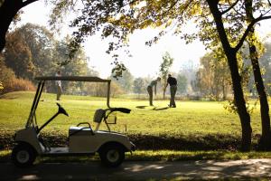 Old Lake Golf Hotel في تاتا: سيارة قولف في حديقة مع أشخاص يلعبون الغولف