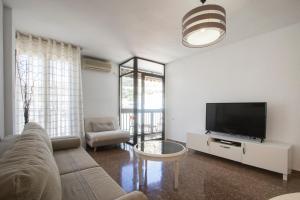 uma sala de estar com um sofá e uma televisão de ecrã plano em Alicante historic center, beach and marina appartment em Alicante