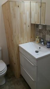 a bathroom with a white sink and a toilet at Appartement Taïko in La Flèche
