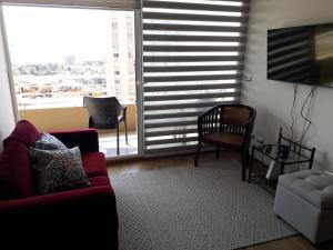 sala de estar con sofá, silla y ventana grande en Horizonte Infinito Viña del Mar, en Viña del Mar